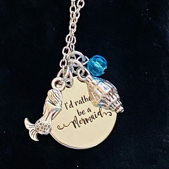I’d Rather Be A Mermaid Shell Bead Silver Tone Charm Necklace NWT - Picture 3 of 9